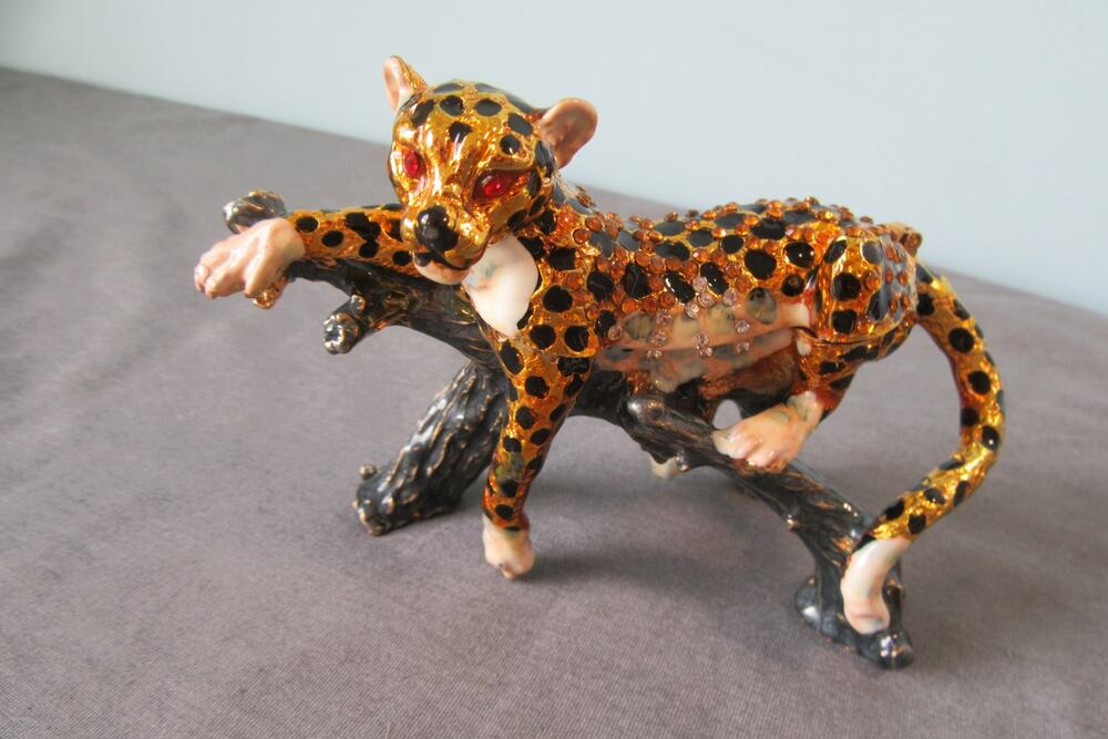 Bejeweled Cheetah Laying on Branch Trinket Box Handset Swarovski Crystals Enamel